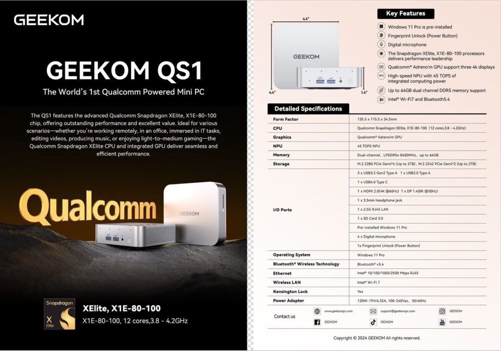 GEEKOM QS1 is the first mini PC with a Snapdragon X Elite processor